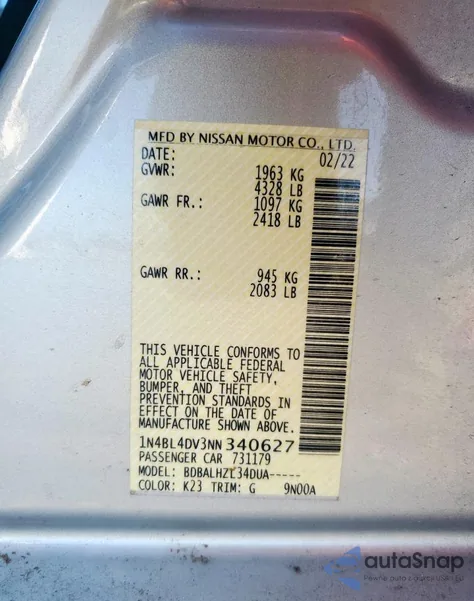 2022 Nissan Altima Sv from USA, damaged, VIN 1N4BL4DV3NN340627